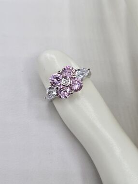 Swarovski Crystal Elements Silver Floral Ring Pink Size 6.75 Flower Bridal Prom